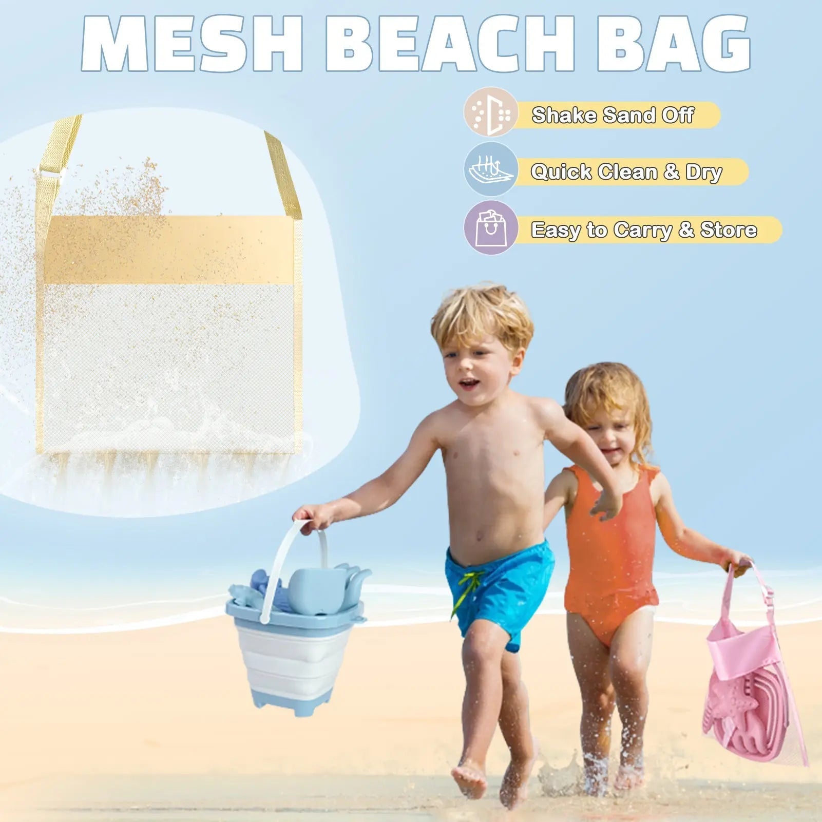 Kit de jeu de sable portable avec seaux pliables et sac de rangement en filet
