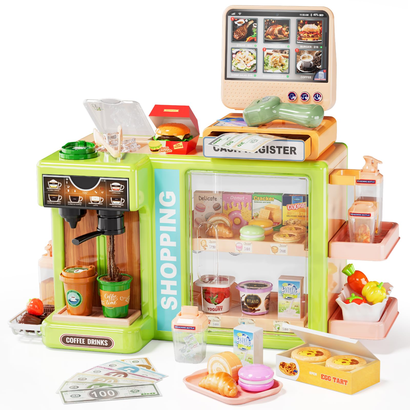 Supermarket Playset Deluxe Grocery Store with Cash Register & Coffee Maker Educational Role Play Toy for Toddlers & Kids (Green or Pink)
