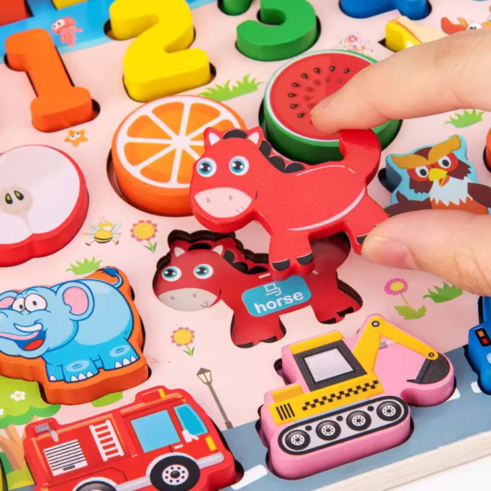 Cartoon Character Six in One Traffic Matching Board | 6 in 1 Wooden Number Puzzles Shape Sorting Early Education Puzzles