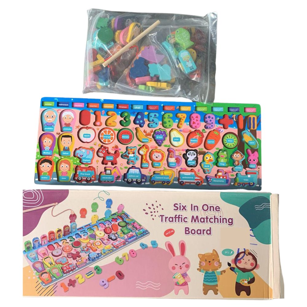 Cartoon Character Six in One Traffic Matching Board | 6 in 1 Wooden Number Puzzles Shape Sorting Early Education Puzzles