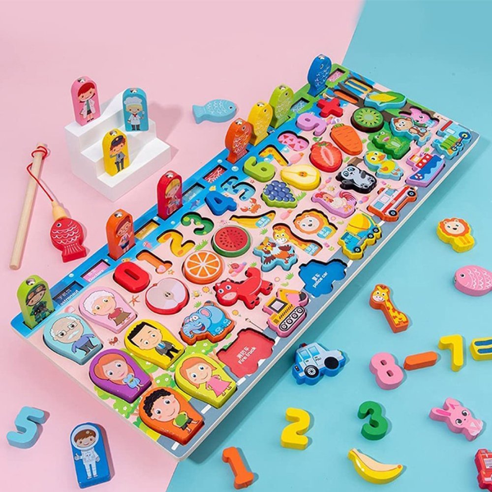 Cartoon Character Six in One Traffic Matching Board | 6 in 1 Wooden Number Puzzles Shape Sorting Early Education Puzzles