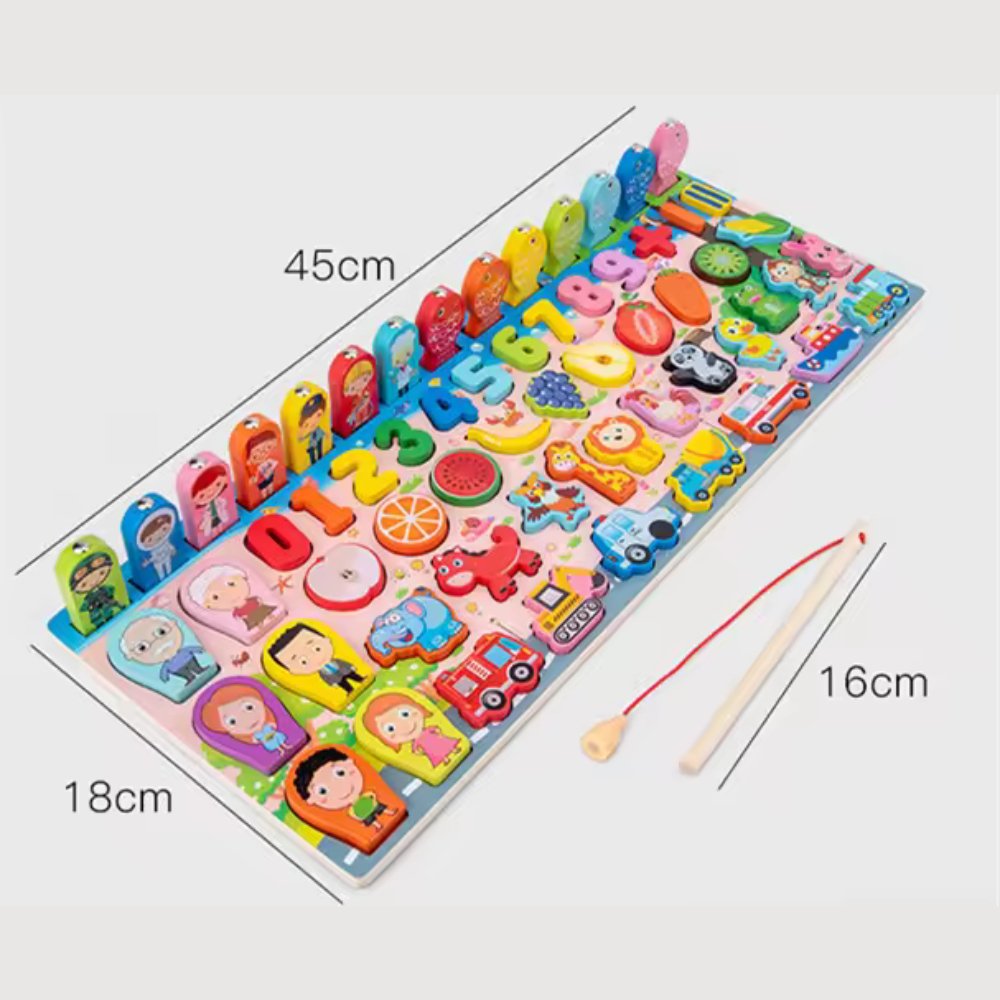 Cartoon Character Six in One Traffic Matching Board | 6 in 1 Wooden Number Puzzles Shape Sorting Early Education Puzzles