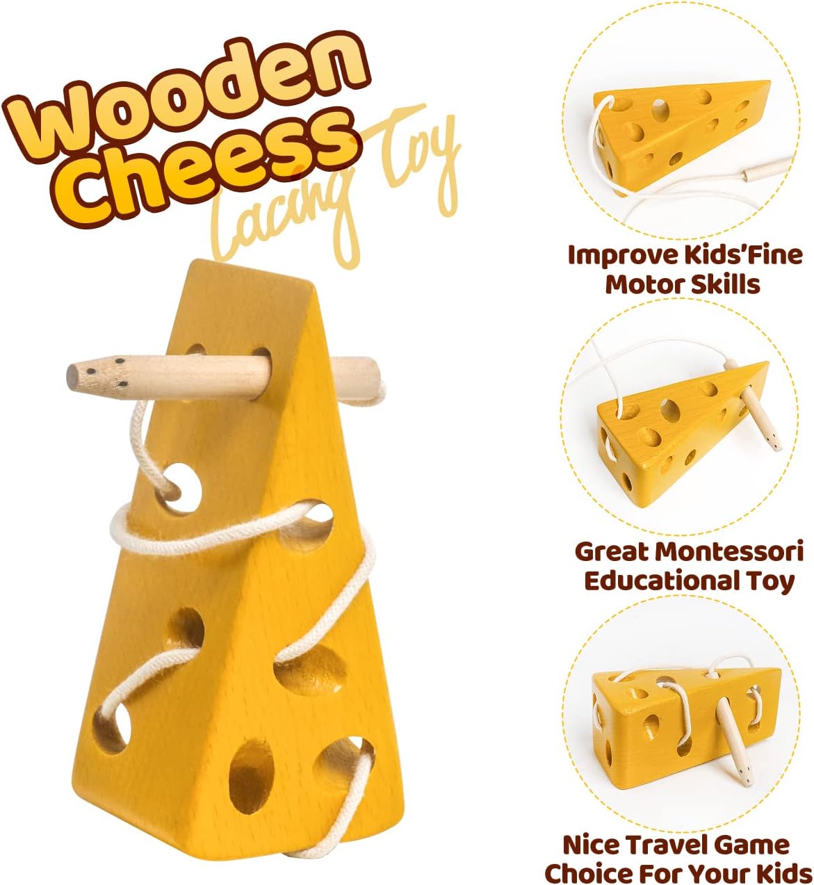USATDD Wooden Lacing Cheese Fine Motor Skills Threading Toys, Airplane Car Travel Game Montessori Cognition Preschool Puzzle Gift for 3+ Years Old Toddlers Baby Kids