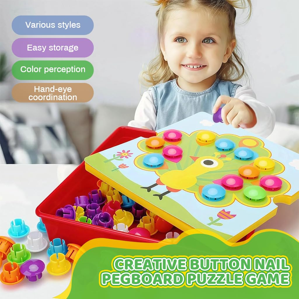 Fidtoy Button Art Matching Toy for Kids – Montessori Peg Board Mosaic Puzzle with Picture Cards