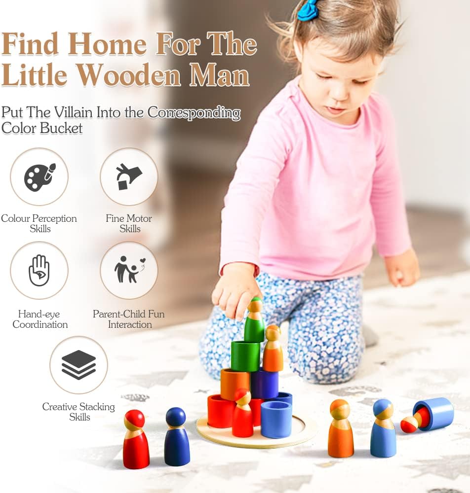 Juguete de clasificación de colores con figuras de arcoíris Fidtoy, rompecabezas de madera para niños