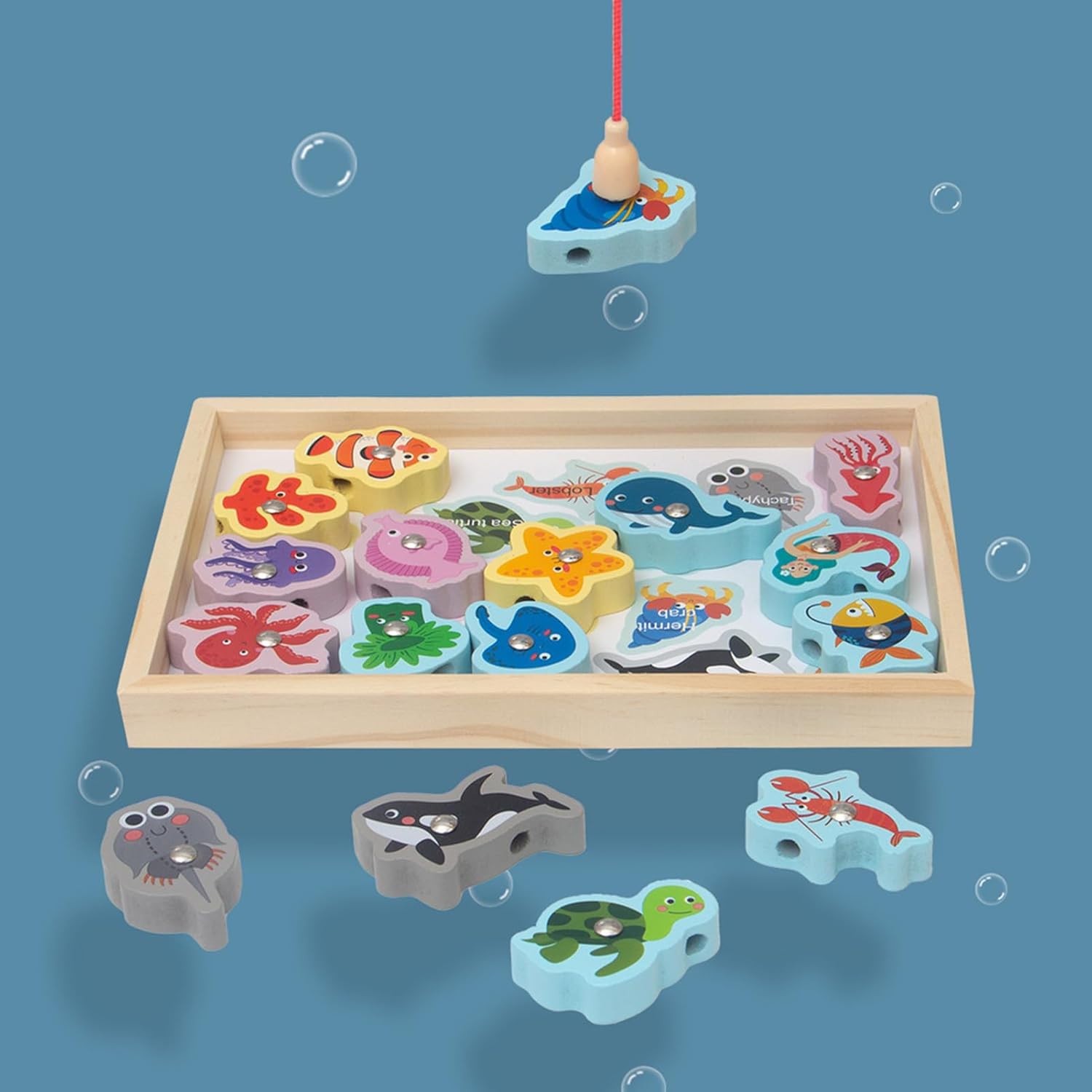 SCOOVY Magnetic Fishing Game, Wood Children's 2 in 1 Fishing Game, Safe Wooden Fishing Games with Vivid Fishes, Educational Roddlers Fishing Game for Kids Home Outdoor Indoor