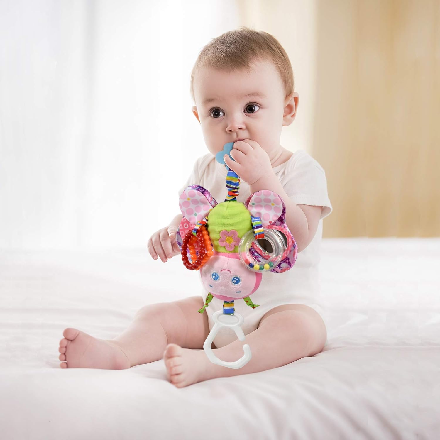 Fidtoy Baby Hanging Sensory Toy for Stroller Crib and Car Seat – Plush Rattle Teether Activity Toy