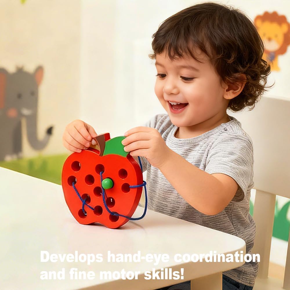 Fidtoy Montessori Wooden Fruit Threading Toy for Toddlers 1–4 Years – Apple, Strawberry & More