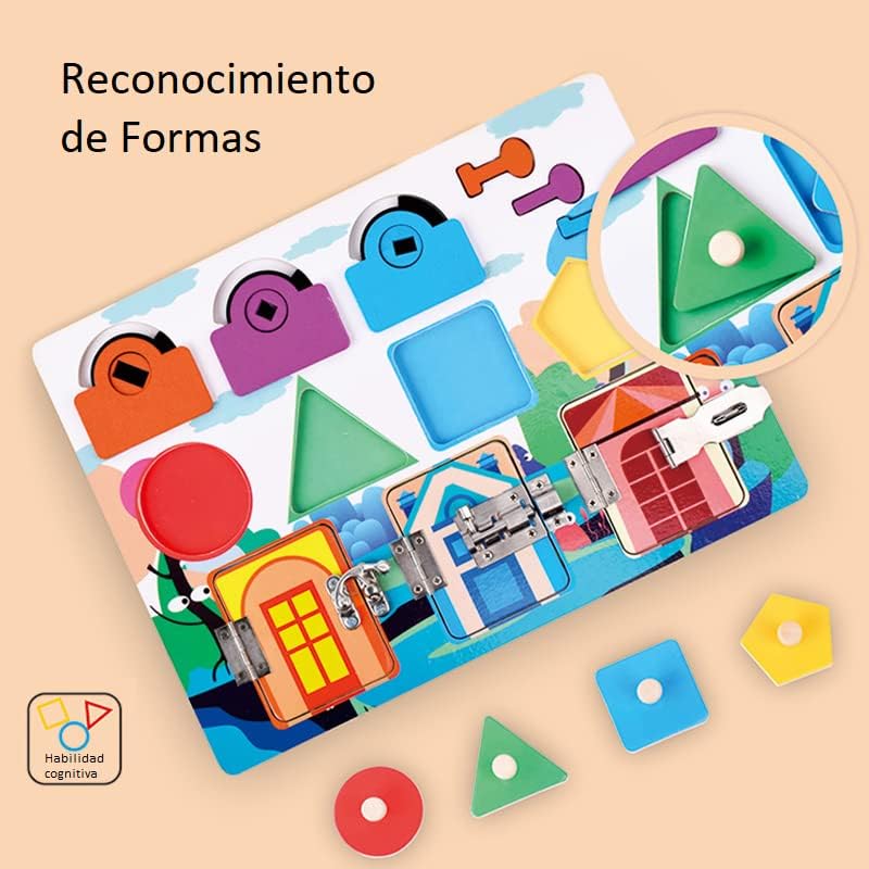 Dear Mia Little Liz | Montessori Busy Board Tablero de Puertas con Cerradura Figura | Estimulación temprana | Entrenar Motricidad Fina | Coordinación Ojo-Mano | Niños Infantil