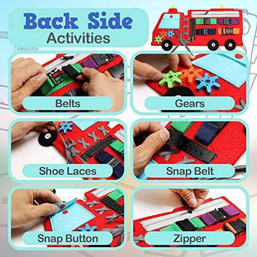 Busy Board for Toddlers 1-3 or 2-4, Firetruck Preschool Educational Early Learning Toy, Basic Life Skills and Fine Motor Montessori Activities for Kids, Learn to Dress Sensory Toy as Travel Game