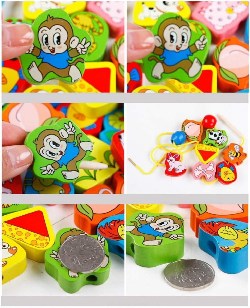 63 Piece Colorful Wood Animal Pair On The Rope Lacing Beads Early Teaching Toy