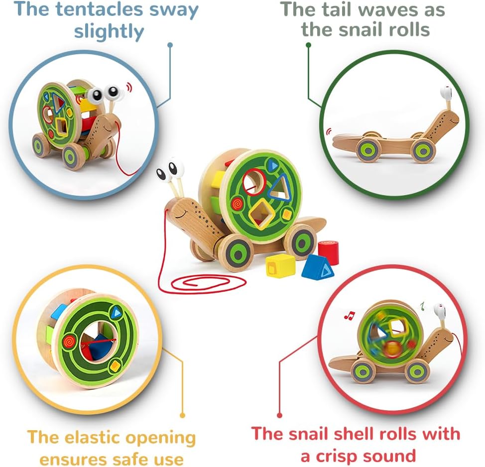 Fidtoy Wooden Snail Pull Toy Shape Sorter Toddler Learning Toy
