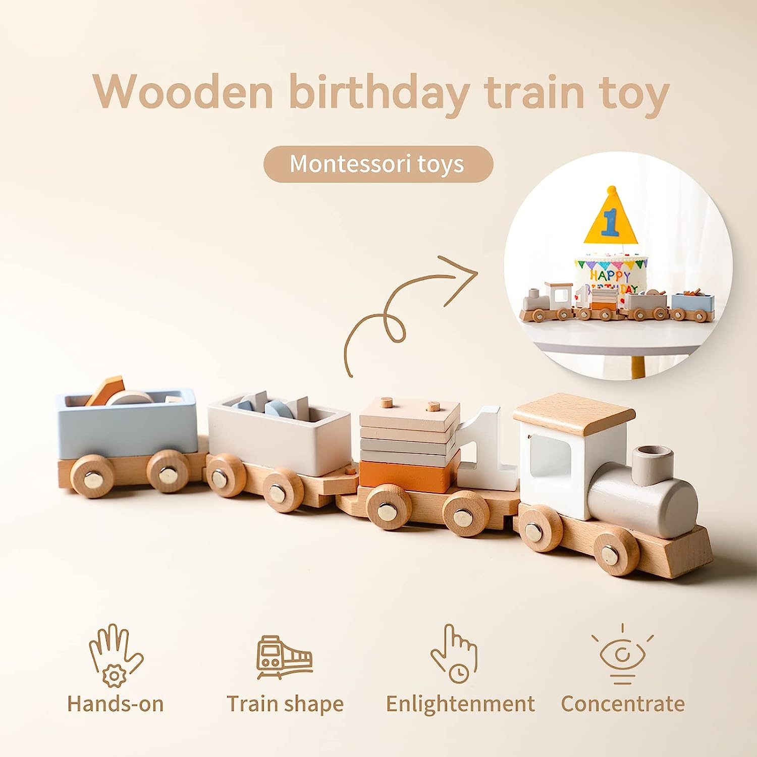 Fidtoy Wooden Birthday Train Toy with Number Blocks