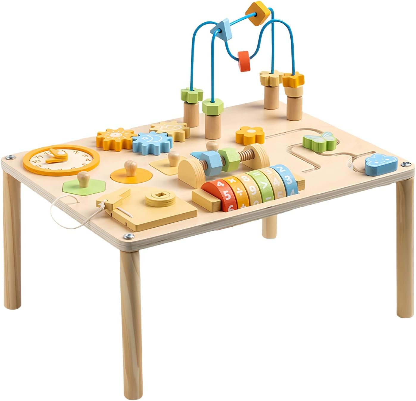 Activity Chart - Wooden Activity Chart | Portable Learning Table | Reusable Educational Wooden Toys with Shape Sorter and Bead Maze for Kids Boys Girl