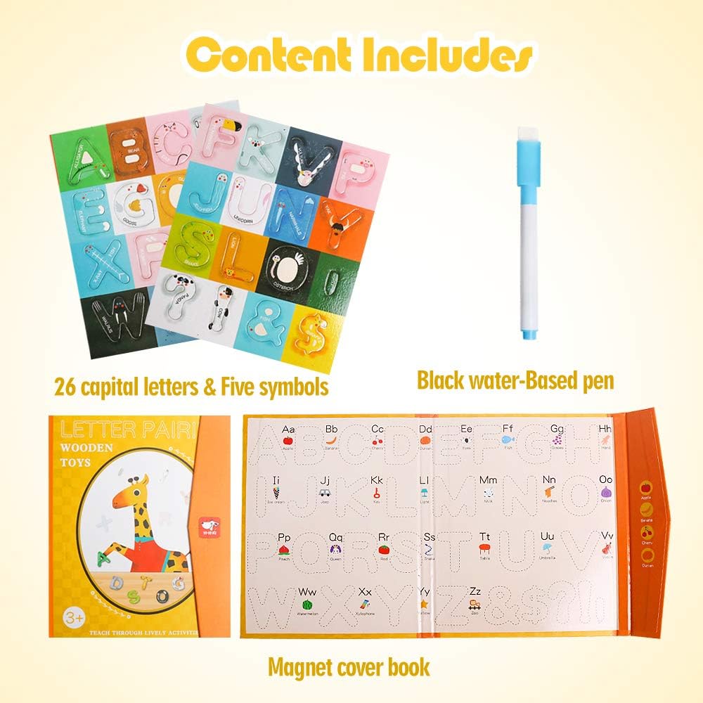 JCREN Jumbo Magnetic Animails Alphabet Uppercase Letters with Drawing Board,Fridge Wooden Magnets Sticks,ABCs, Early Letter Recognition,Learning Spelling Refrigerator for Toddler Kids Boy Girl