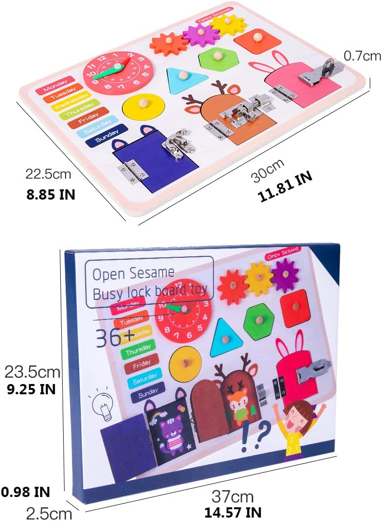 Busy Board Montessori Toys for Toddlers, Wooden Activity Board,Sensory Gifts 3 4 5 6 7 8 Year Old Boys & Girls Preschool Learning Activities Fine Motor Travel Multicolored 9.25*0.98*14.56 INCH