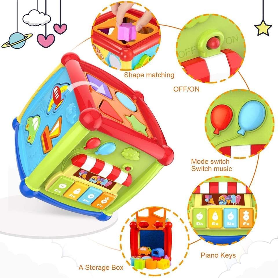 Fidtoy 6 Sided Activity Cube Toy for Toddlers Music Lights Gears Shape Sorting Learning Play