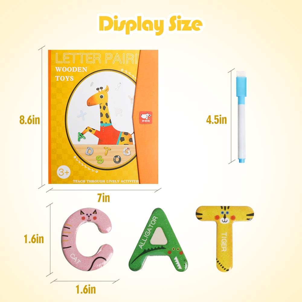 JCREN Jumbo Magnetic Animails Alphabet Uppercase Letters with Drawing Board,Fridge Wooden Magnets Sticks,ABCs, Early Letter Recognition,Learning Spelling Refrigerator for Toddler Kids Boy Girl
