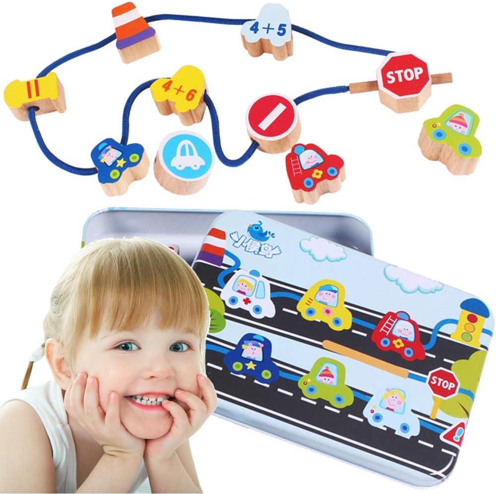 CenYouful Lacing Toy Wooden Block Set, Early Educational Toys String & Lacing Beads Games for Toddlers & Kids, 12 Pieces (Traffic Tools)