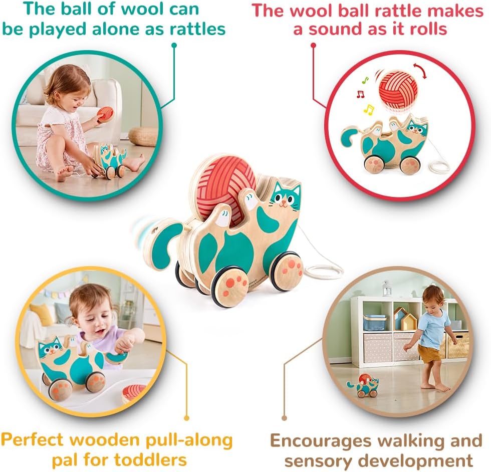 Fidtoy Pull Along Kitten Rattle Toy Wooden Walking Toy for Toddlers