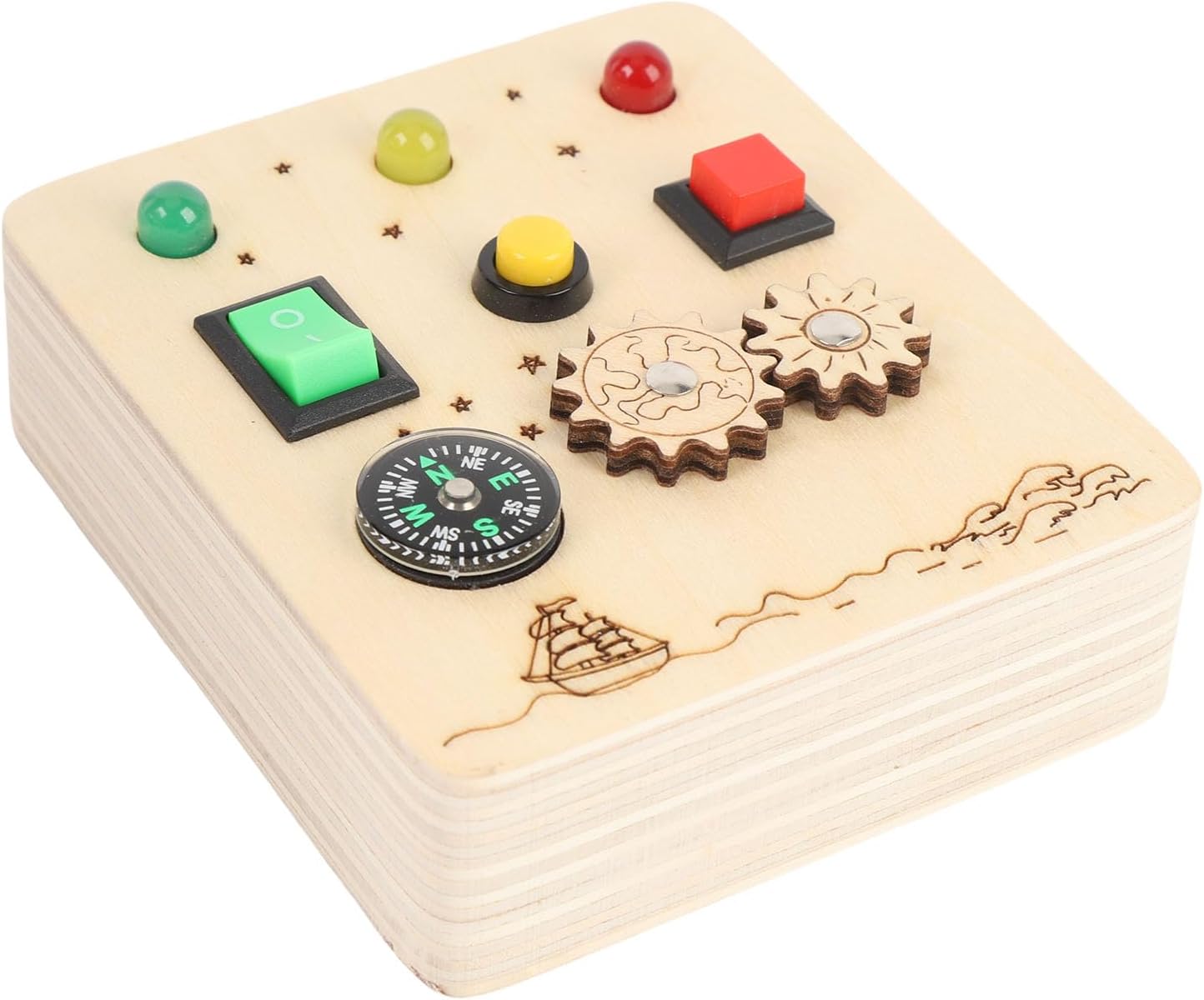 SUNGOOYUE Wooden Sensory Board Game with Light Switch and Gear Wheel Educational Toy for Kids Toddler Early Learning Activity