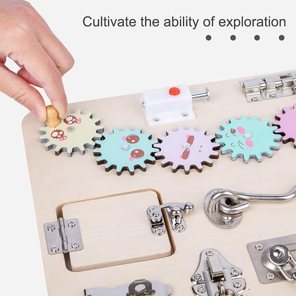 Ghopy Wooden Busy Board for Toddlers Montessori Sensory Toy Toddler Sensory Board Activity Board Preschool Educational Learning Toy with Lacing Sorter Gears Zipper Lock for Kids Birthday