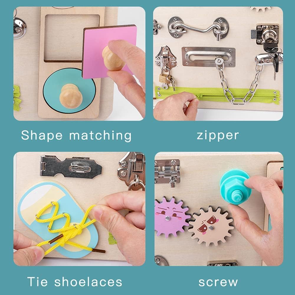 Ghopy Wooden Busy Board for Toddlers Montessori Sensory Toy Toddler Sensory Board Activity Board Preschool Educational Learning Toy with Lacing Sorter Gears Zipper Lock for Kids Birthday