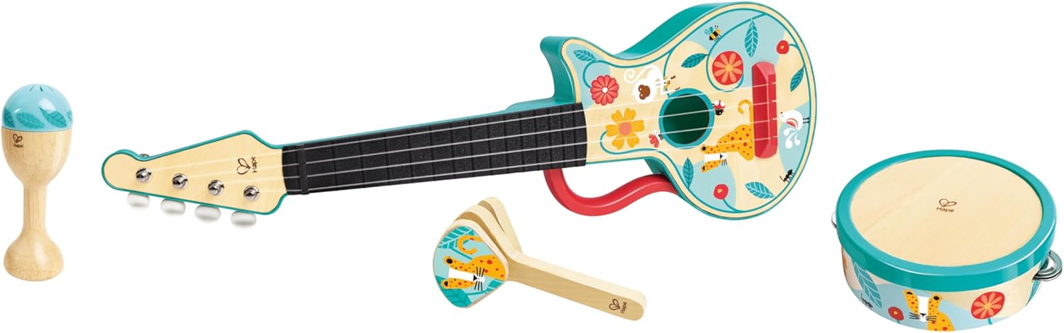 Fidtoy Ensemble d'instruments de musique en bois Kit ukulélé et tambourin pour enfants