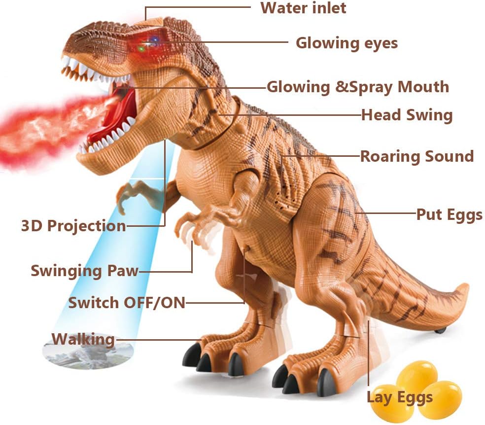 Fidtoy Walking T-Rex Dinosaur Toy for Kids – Interactive Egg-Laying Robot Dinosaur with Roaring Sound, 3D Projection, Water Mist Spray, Light-Up Eyes, and AA Battery Power