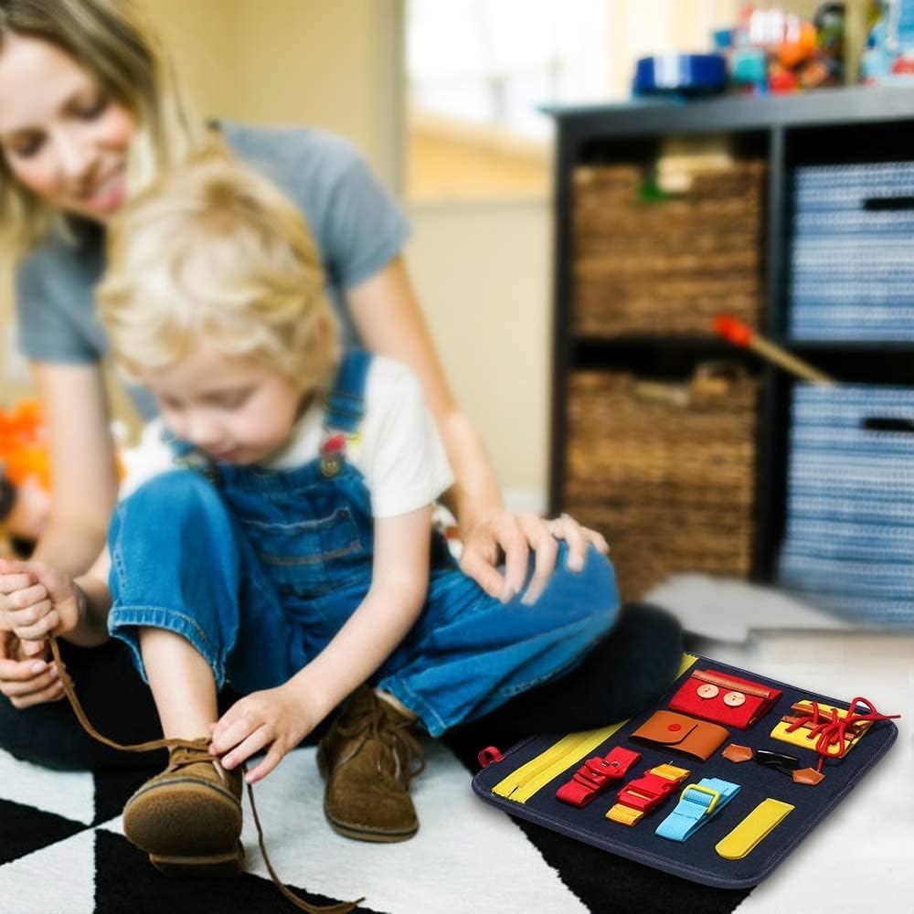 SIMBOOM Toddlers Busy Board, Montessori Basic Skills Activity Board, Learn to Dress Toys for 1 2 3 4 Years Old Kids Holiday Gifts (Blue)