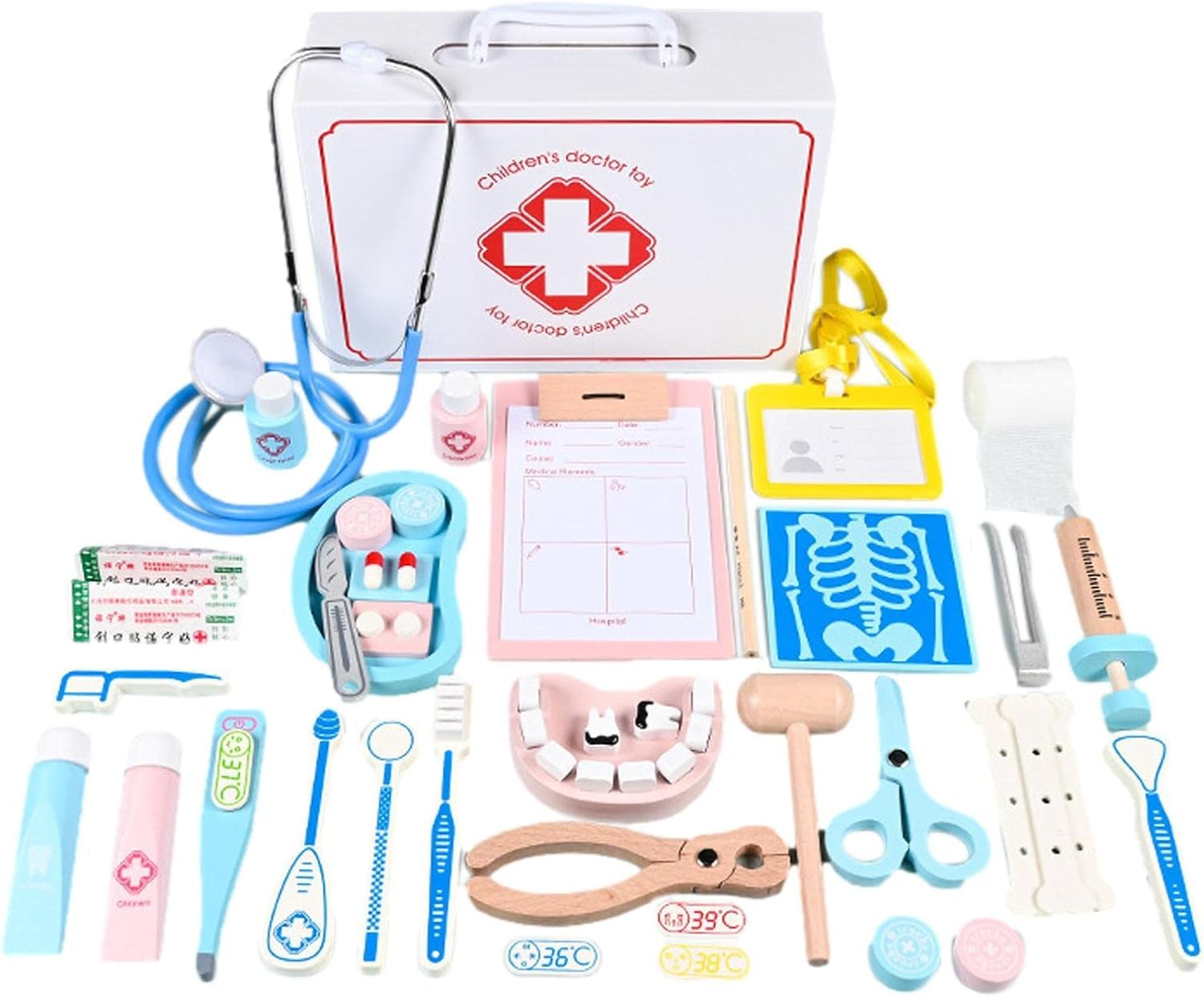 Fidtoy Wooden Children Doctor Pretend Play Set for Kids | 43Pcs Doctor Tool Kit, Medical Role Play Toy, Dentist Accessories, Stethoscope, Doctor Bag & Social Skills Toy Age 2-6