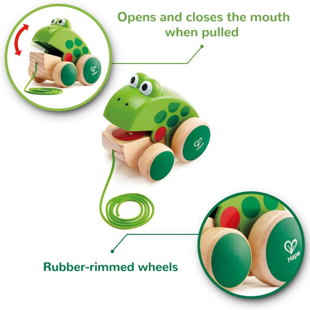 Fidtoy Wooden Frog Pull Along Toy for Toddlers 12M+
