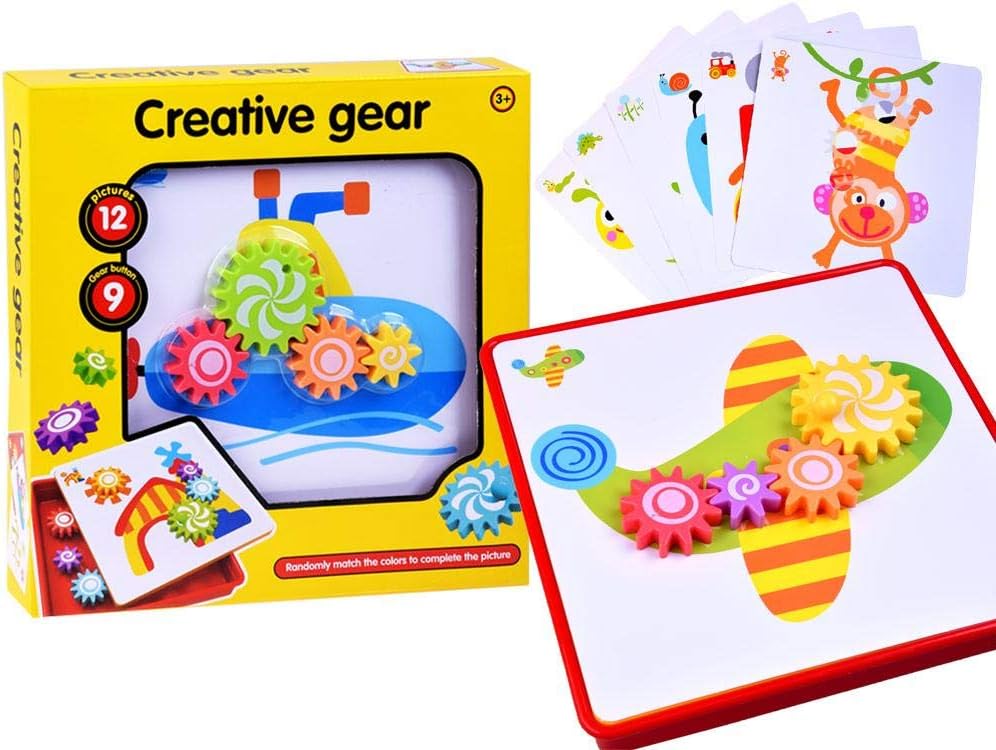 Fidtoy 2 en 1 Art Engrenage Créatif, Kit de Dessin d'Engrenages en Plastique avec 9 Boutons d'Engrenage, 12 Images et Boîte de Rangement, Jouet de Motricité Fine et de Création de Motifs, Âge 3+