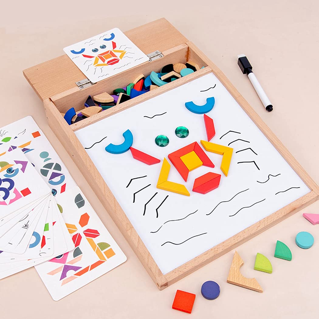 Fidtoy Wooden Magnetic Drawing Puzzle Board for Kids Creative Doodle Cards Fine Motor Toy Age 2-6