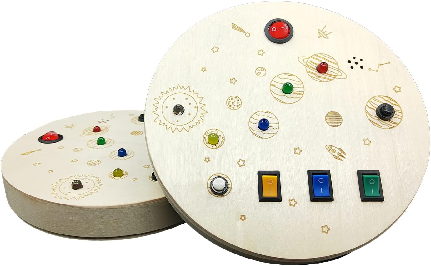 RGWOW More Than 3 Years Old Toddler Toys Busy Board Montessori Toys .Sensory Toys for Toddlers, Wooden Toys Travel Toys with Light Up LED Buttons and Sound, Learning Toys (Color Round)