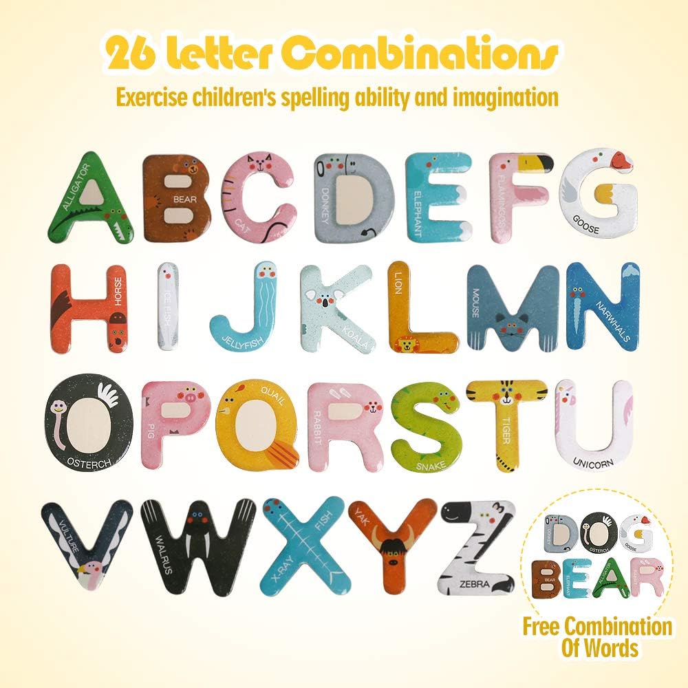JCREN Jumbo Magnetic Animails Alphabet Uppercase Letters with Drawing Board,Fridge Wooden Magnets Sticks,ABCs, Early Letter Recognition,Learning Spelling Refrigerator for Toddler Kids Boy Girl