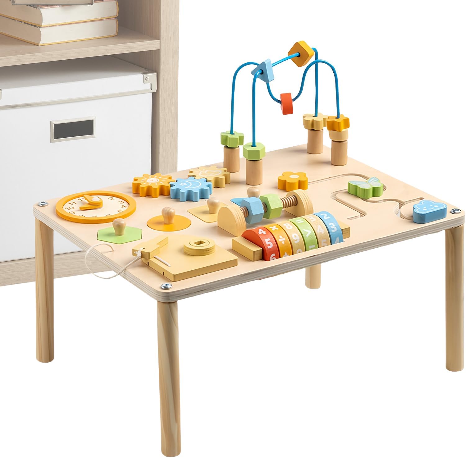 Activity Chart - Wooden Activity Chart | Portable Learning Table | Reusable Educational Wooden Toys with Shape Sorter and Bead Maze for Kids Boys Girl