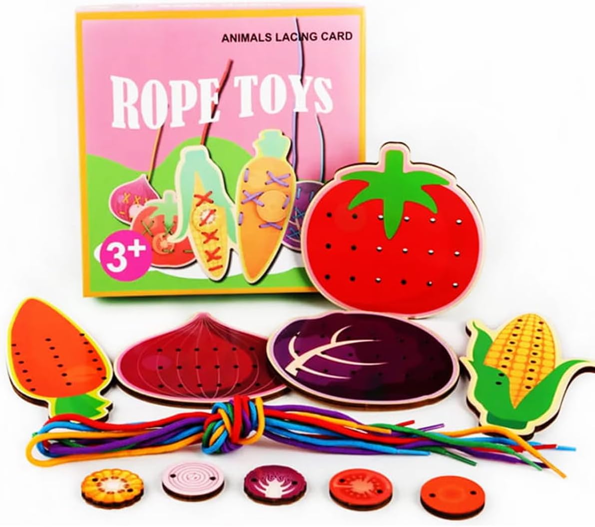 Habarri Puzzle Drewniane Montessori - Sznurówki - Nauka Wiązania - Kolorowe Elementy Cięte Laserowo - Zabawka Edukacyjna dla Dzieci 3+ - 10 cm x 0,5 cm x 7 cm – Warzywa