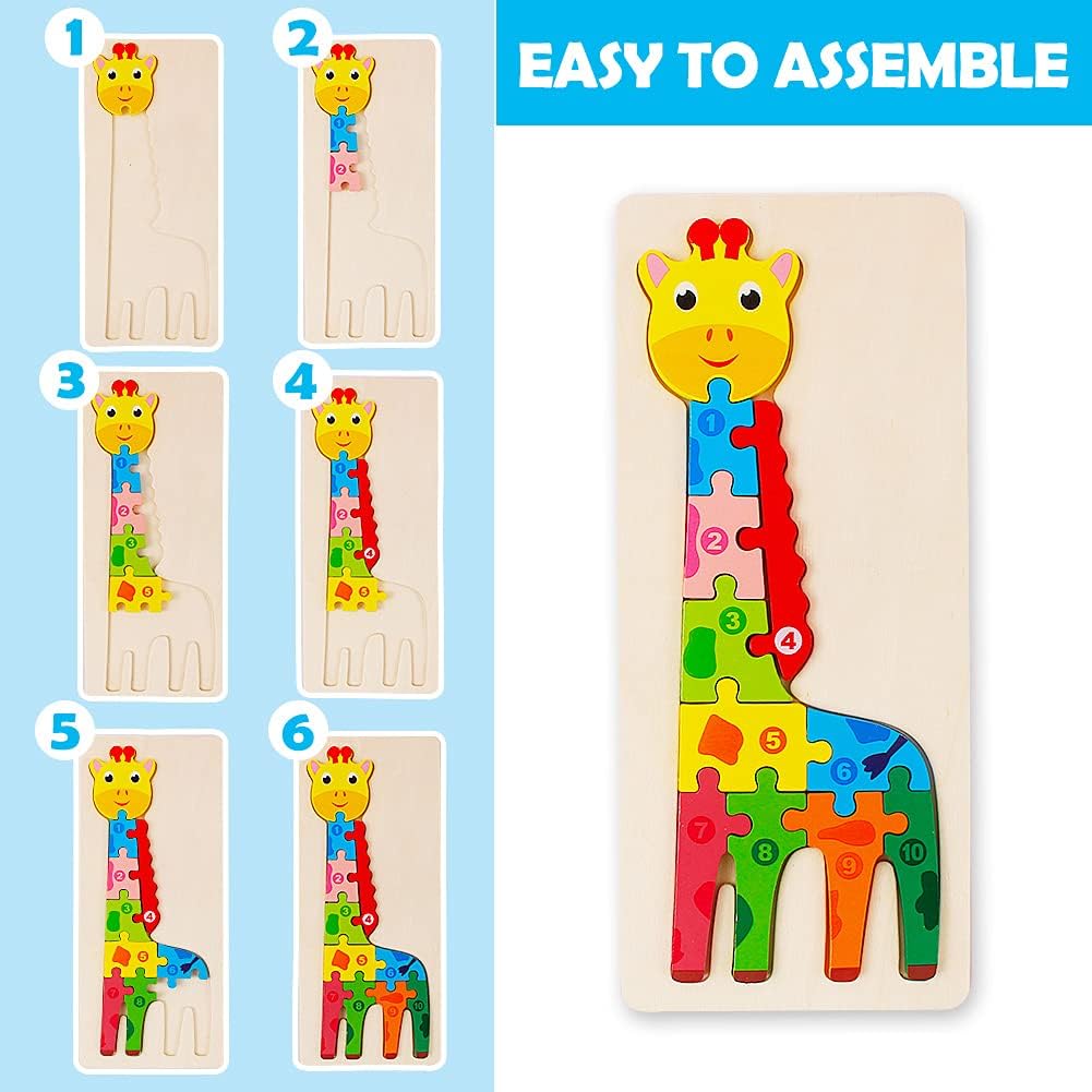 Fidtoy 3D Wooden Animal Board Giraffe Puzzle, Wooden Giraffe Puzzle Board for Toddlers, Animal Recognition Matching Fine Motor Toy Ages 2-6