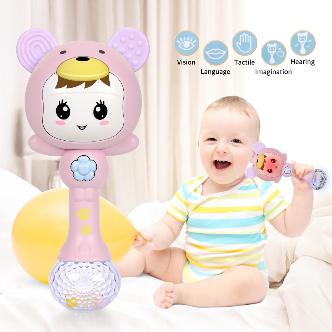 Fidtoy Light Up Musical Baby Rattle Teether Toy – Pink Sensory Rattle with Lights, Sounds, Teething Ears, and Early Development Play