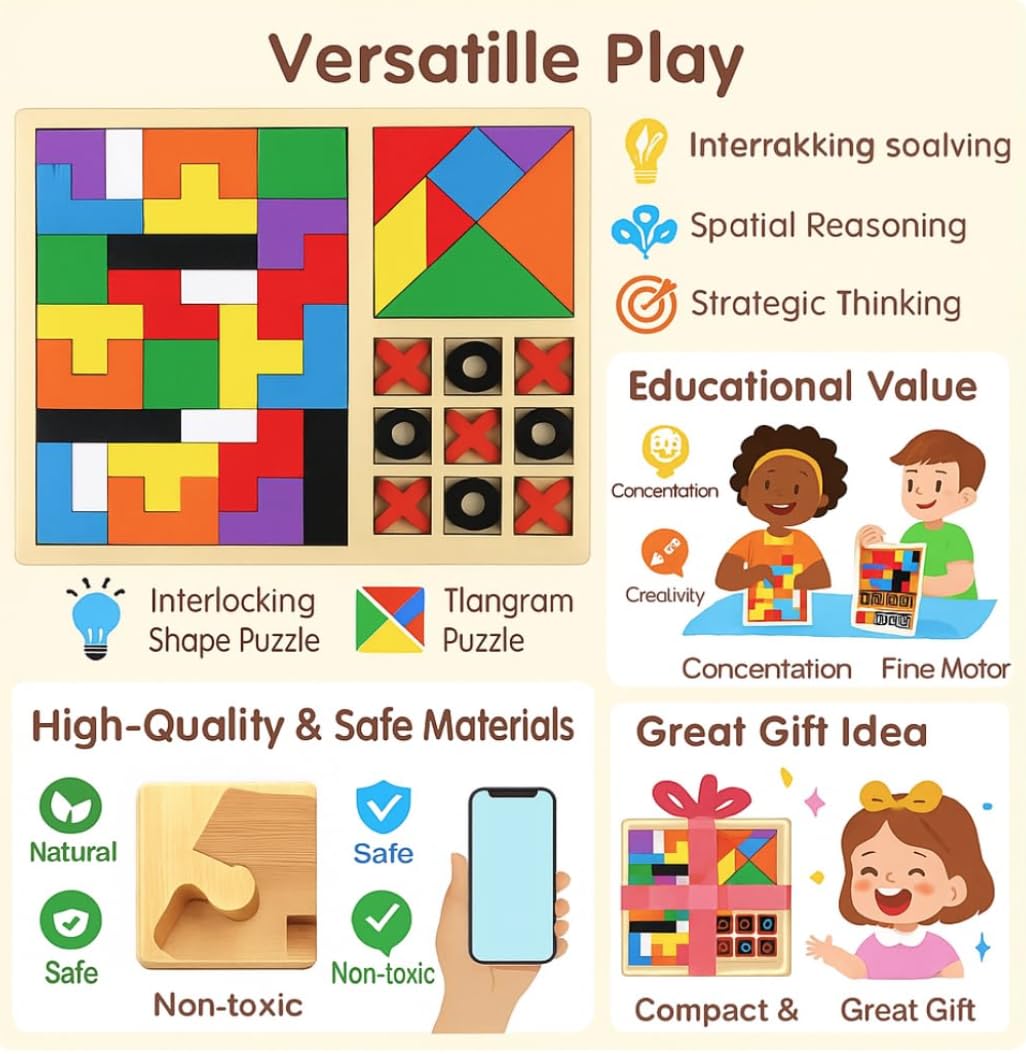 Fidtoy 3-in-1 Wooden Brainstorming Tetris and Number Learning Board for Kids, Wooden Puzzle Board with Block Puzzle, Tangram and Tic-Tac-Toe, Fine Motor and Strategy Toy Age 2–6