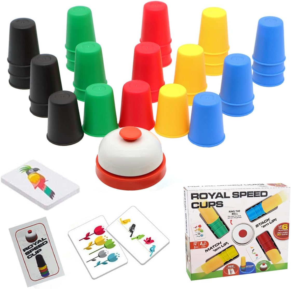 Fidtoy Speed Cups Challenge Family Fun Stacking Cup Game for Kids Ages 4+, 30 Color Cups with 24 Picture Cards and Bell for Reflex, Color Matching and Family Party Play