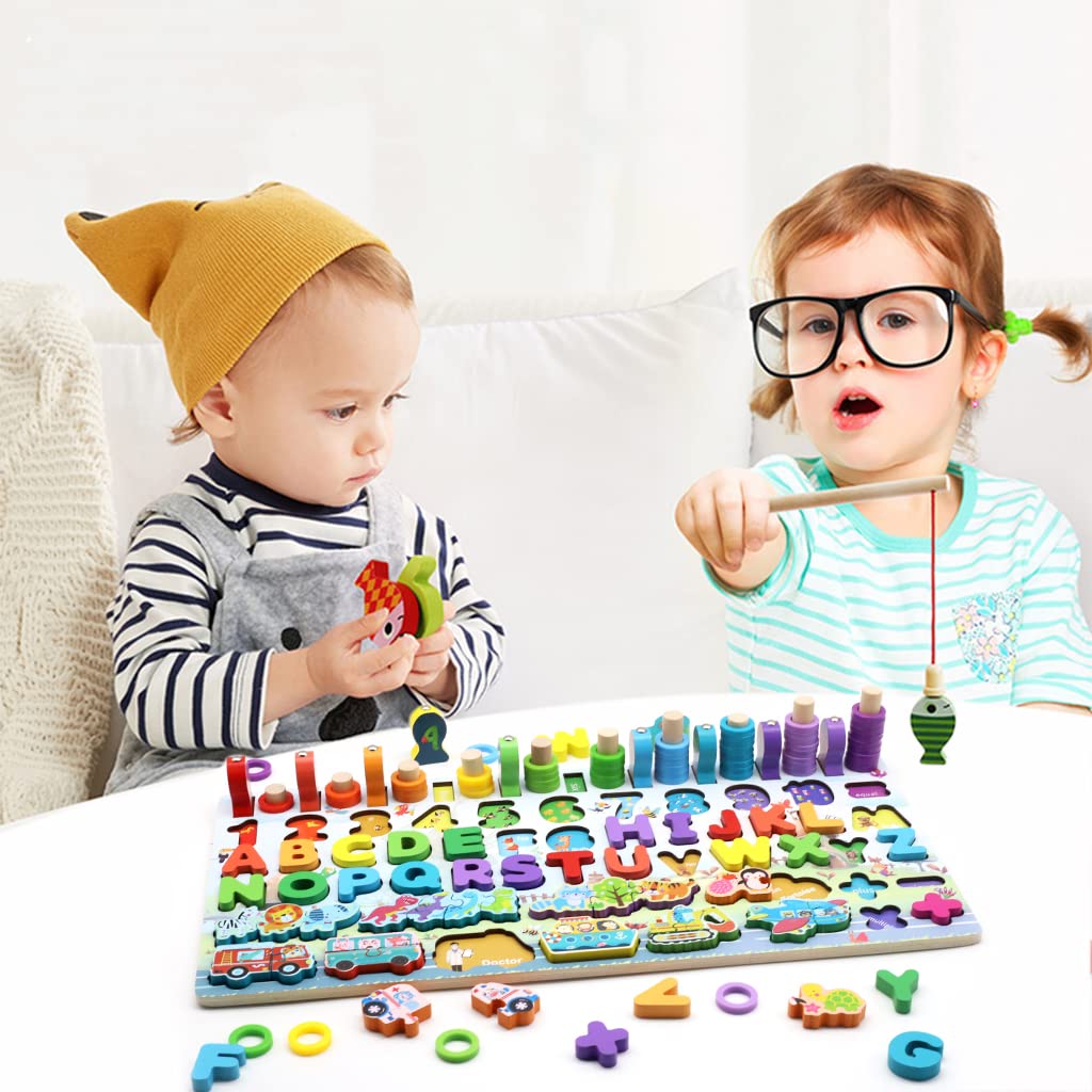 PATPAT® Wooden Number Puzzles for Kids, Fishing Game Educational Toys for Babies Montessori Toys for Toddlers Number Vehicles Fruits Animals Sorter Game for 1-5 Year Toddlers