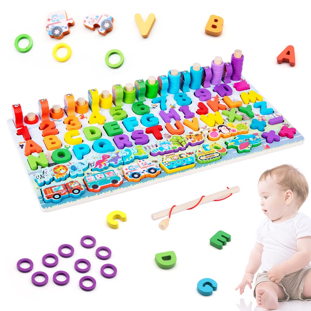 PATPAT® Wooden Number Puzzles for Kids, Fishing Game Educational Toys for Babies Montessori Toys for Toddlers Number Vehicles Fruits Animals Sorter Game for 1-5 Year Toddlers