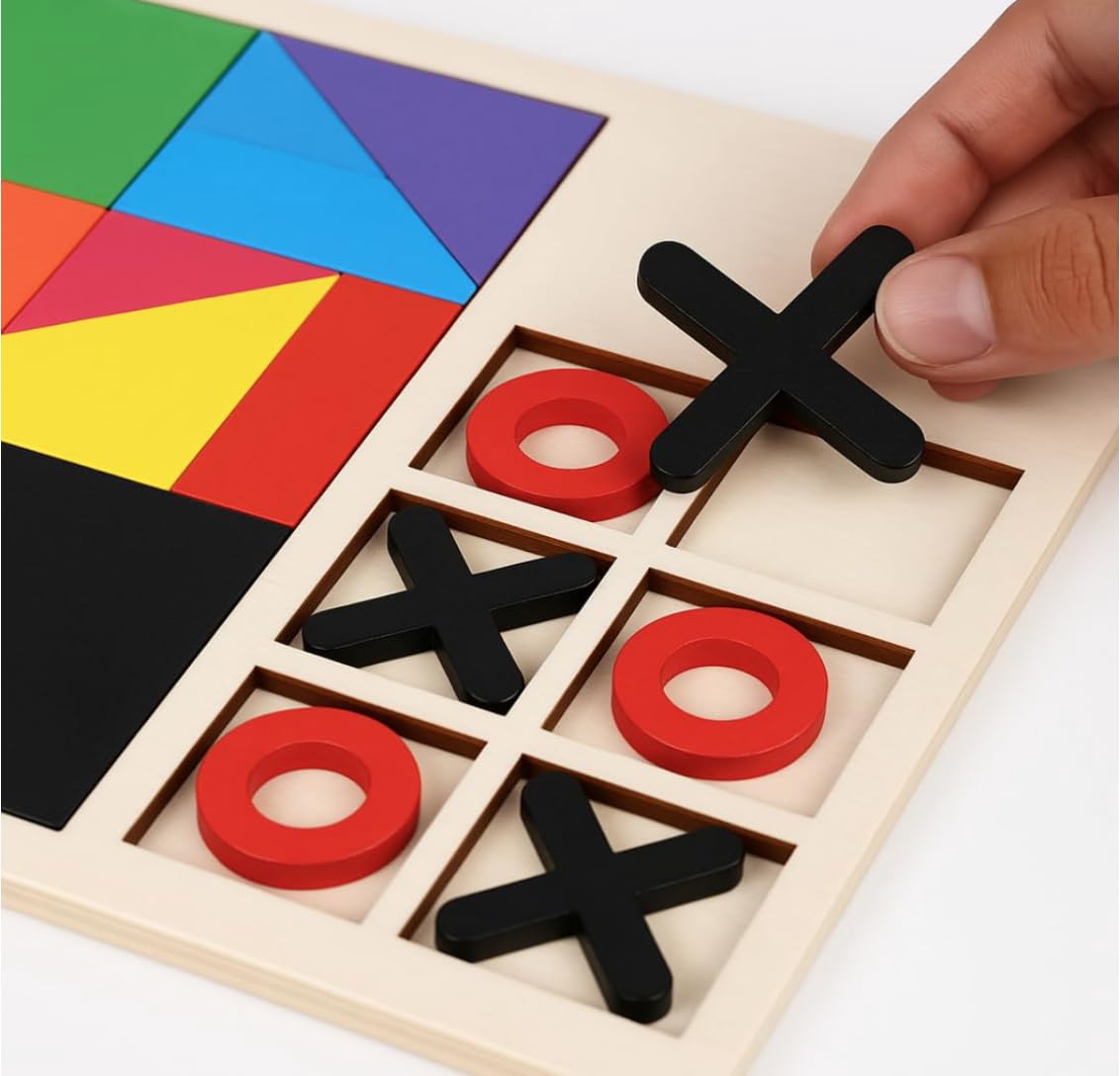 Fidtoy 3-in-1 Wooden Brainstorming Tetris and Number Learning Board for Kids, Wooden Puzzle Board with Block Puzzle, Tangram and Tic-Tac-Toe, Fine Motor and Strategy Toy Age 2–6