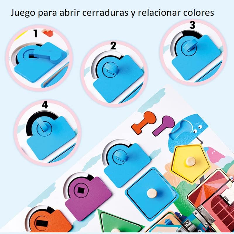 Dear Mia Little Liz | Montessori Busy Board Tablero de Puertas con Cerradura Figura | Estimulación temprana | Entrenar Motricidad Fina | Coordinación Ojo-Mano | Niños Infantil