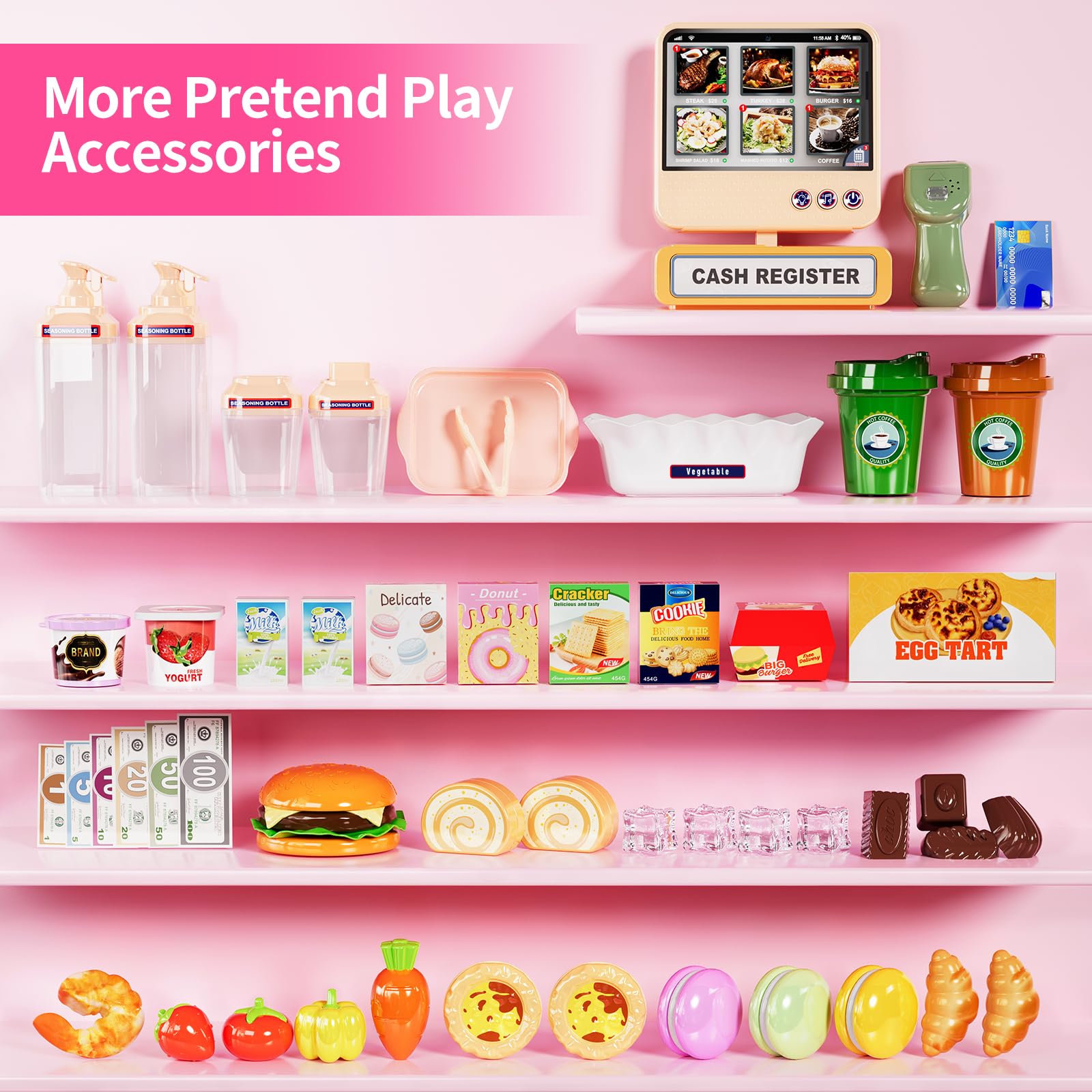 Supermarket Playset Deluxe Grocery Store with Cash Register & Coffee Maker Educational Role Play Toy for Toddlers & Kids (Green or Pink)