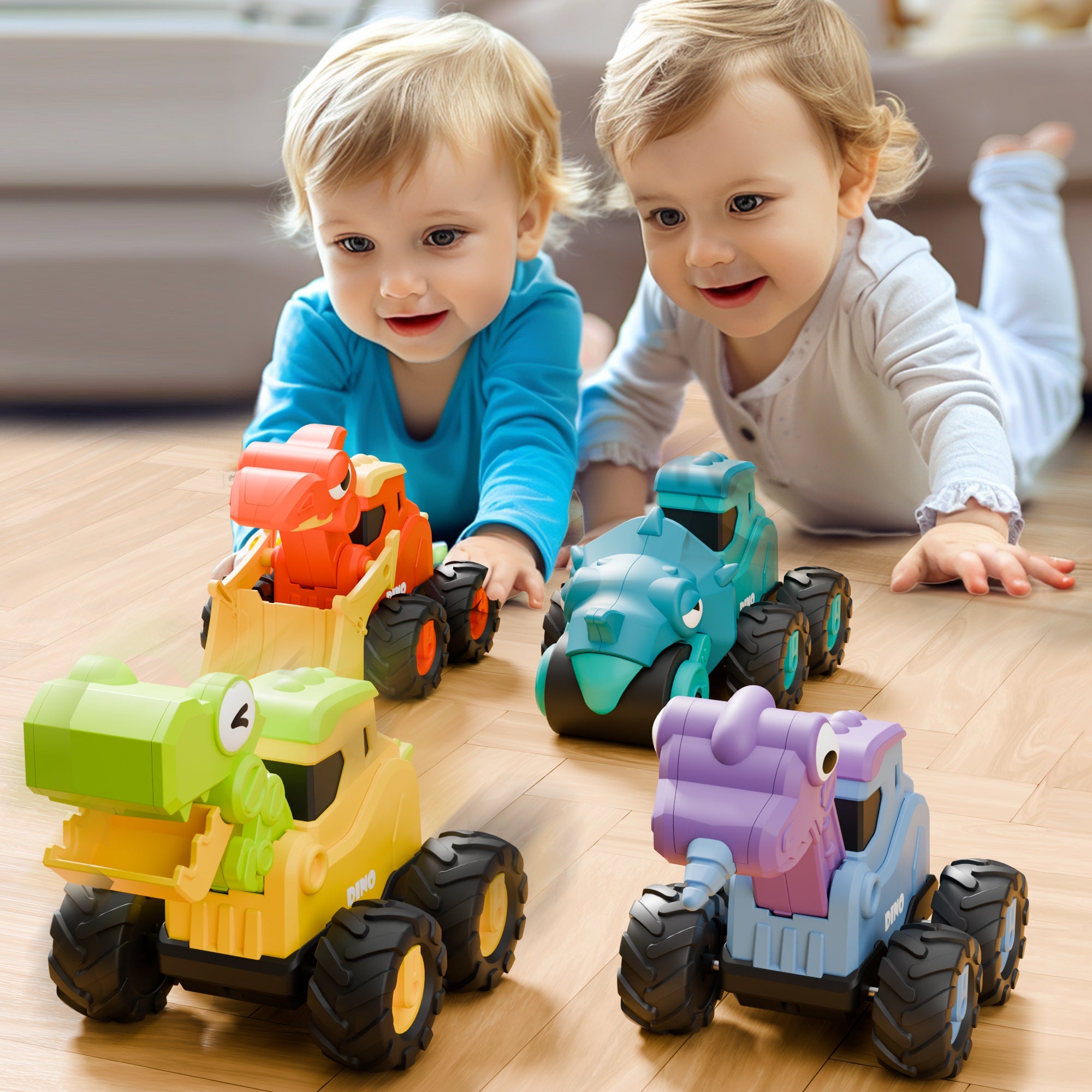iPlay, iLearn Dinosaur Truck Toys for Toddlers, Boys Dino Press Go Racing Cars, Kids Construction Sandbox Vehicles Playset, Baby Push Go Friction Car Set, Birthday Gift for 18 Months 2 3 4 5 Years Old