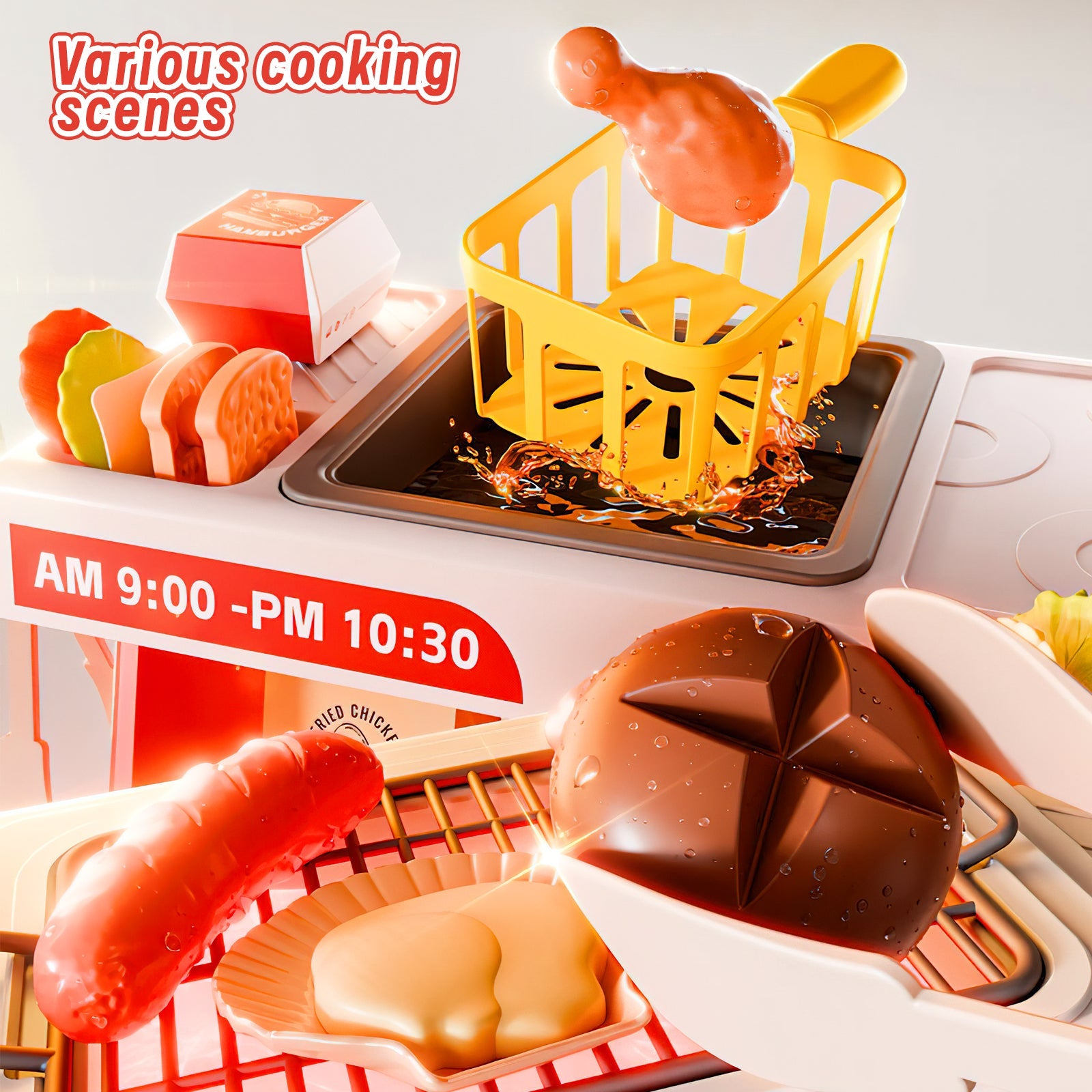 Mini Kitchen Playset Fried Chicken Shop Toy with Color-Changing Food, Burgers, Fries,Cash Register | Pretend Cooking Role Play Set for Kids