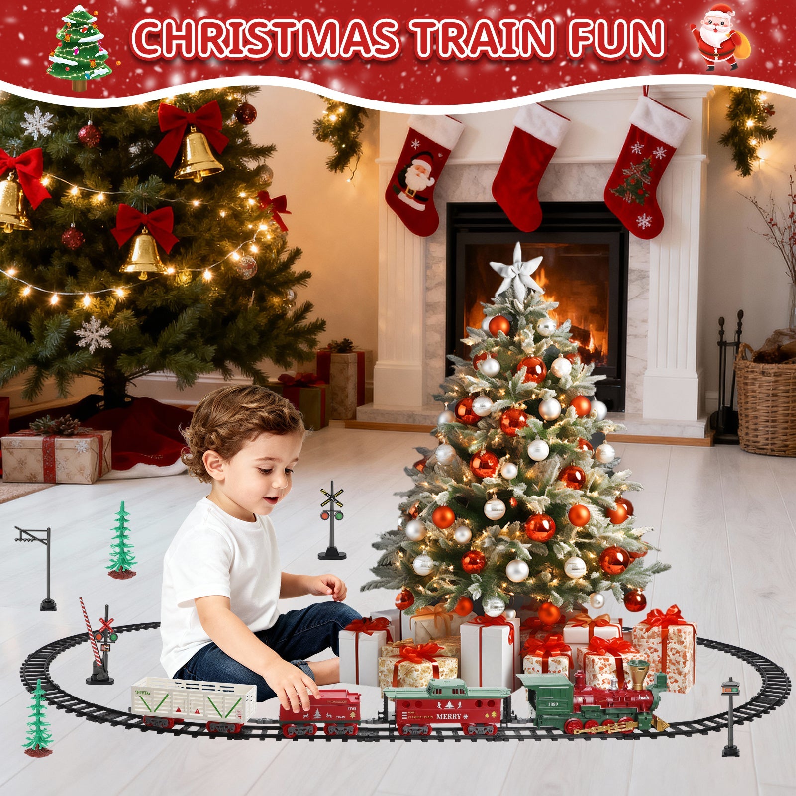 Electric Steam Train Set with Real Smoke, Lights and Sounds Classic Railway Track Toy for Kids Christmas Train Set Gift for Boys & Girls Age 3+